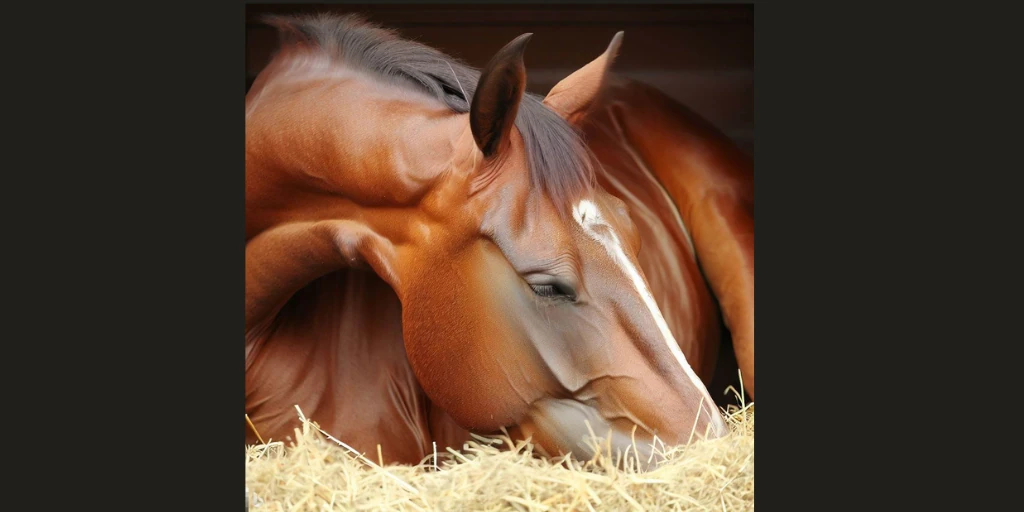 Braunes Warmblut Pferd schläft im liegen auf Stroh